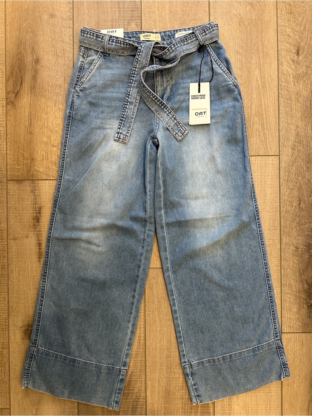 Oat New York Light Blue High-Rise Wide Leg Jeans with Self-Tie Belt